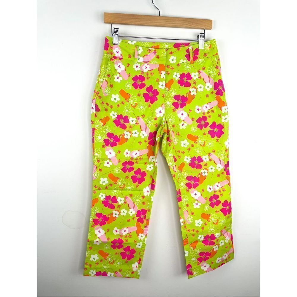 Lilly Pulitzer Bright Floral Hibiscus Flip Flop Cropped Capri Pants‎ Size 4